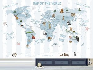 Nežna mapa sveta sa životinjama — dečije tapete