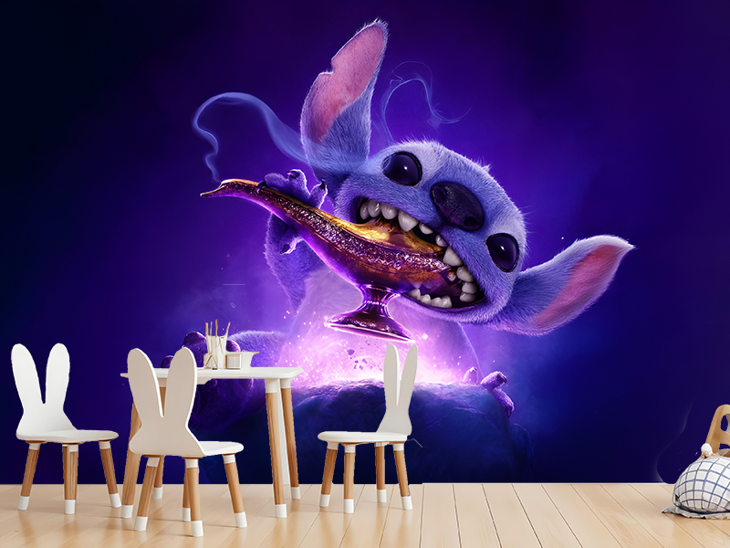 Foto tapeta Stitch i čarolija ljubičaste lampe na zidu