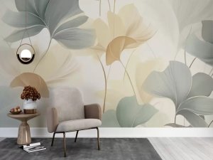 Nežni obrisi ginko listova — tapeta za dnevnu sobu